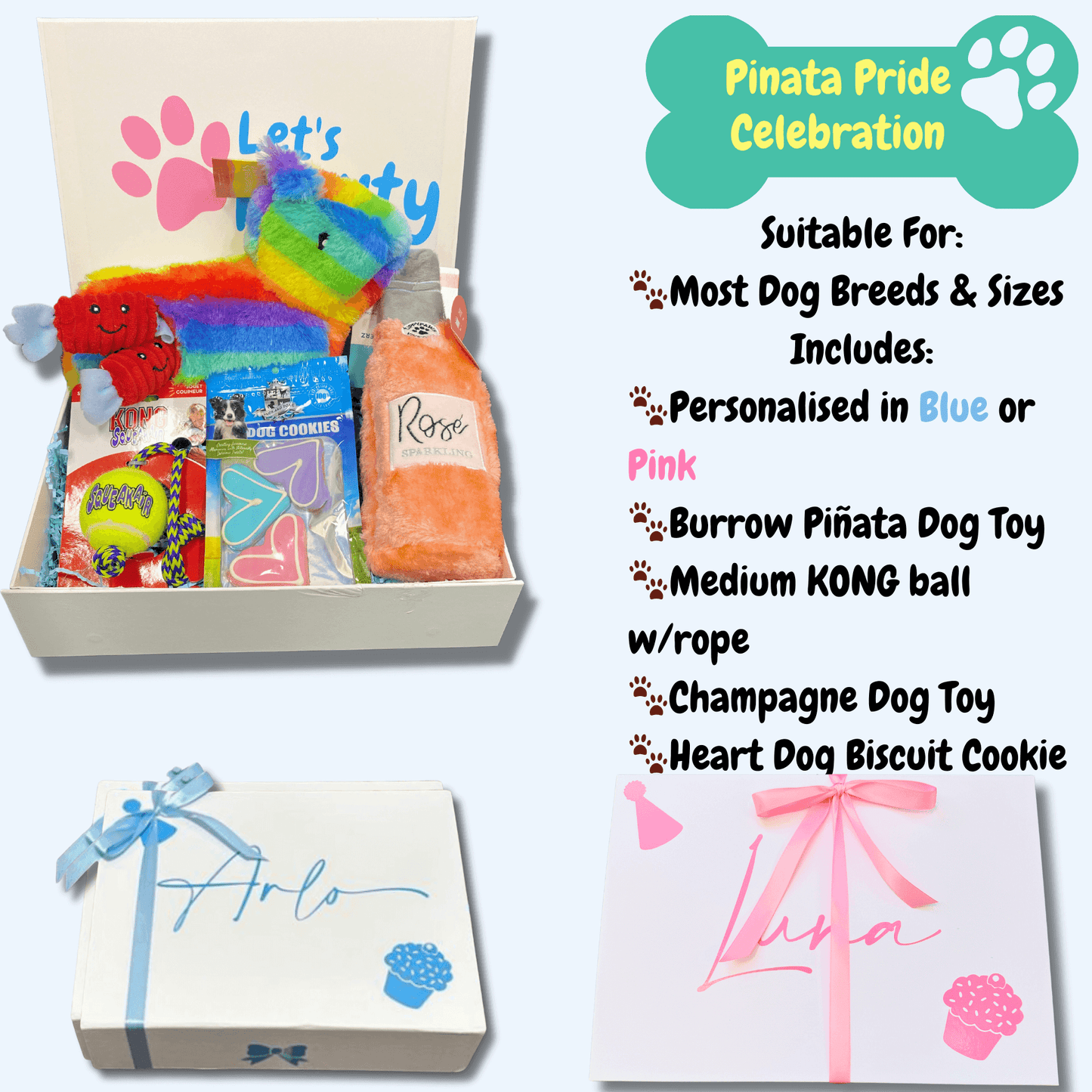 zippy burrow piñata dog themed gift box, personalised with your fur baby's name
