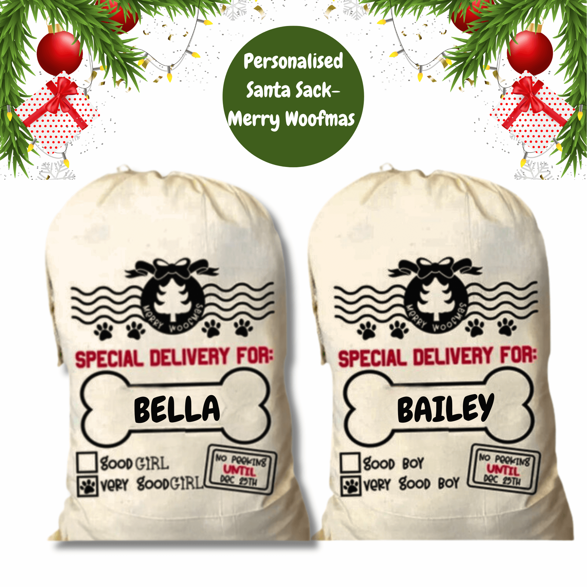 Personalised santa sack for your dog, let's pawty 