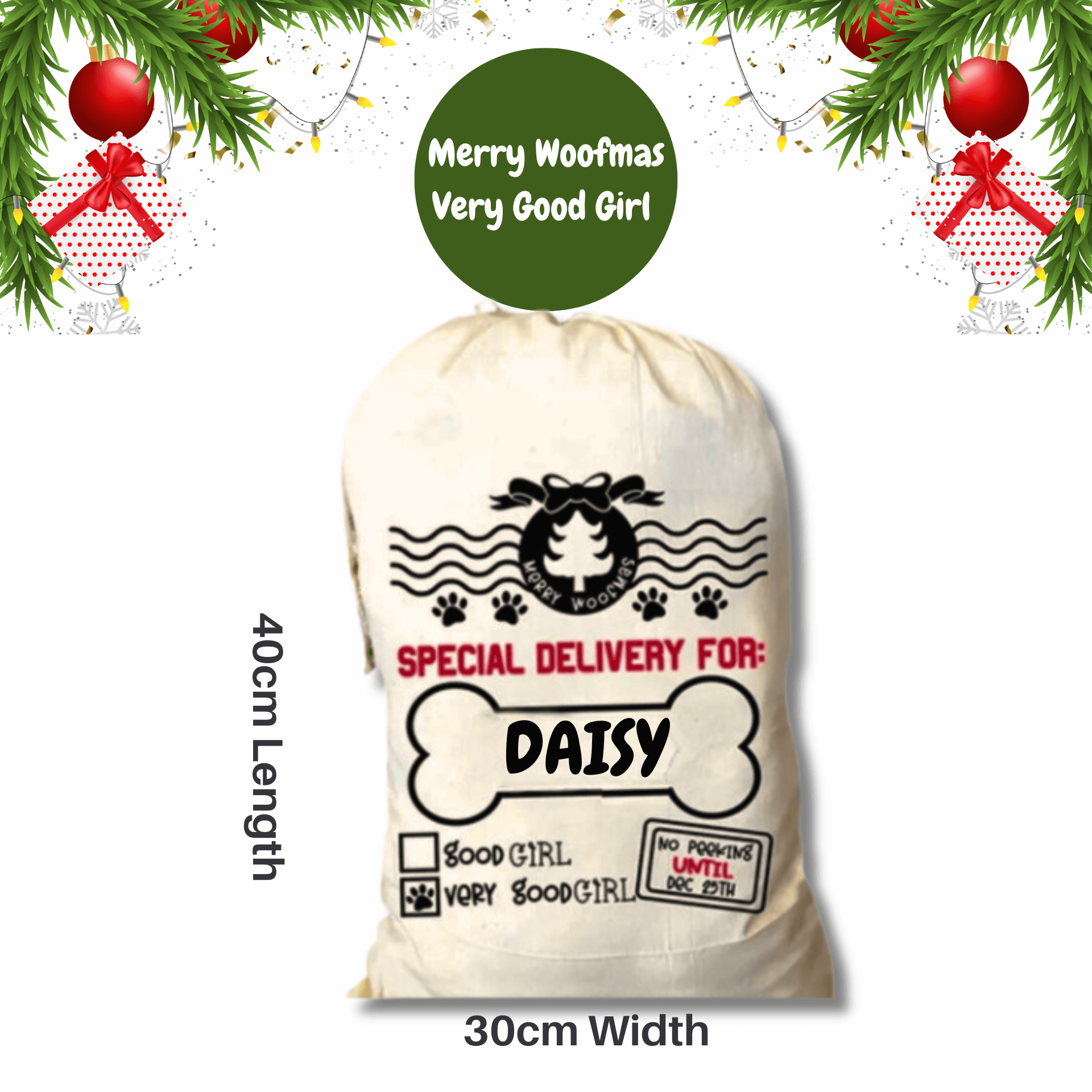 Personalised santa sack for your dog, let's pawty 