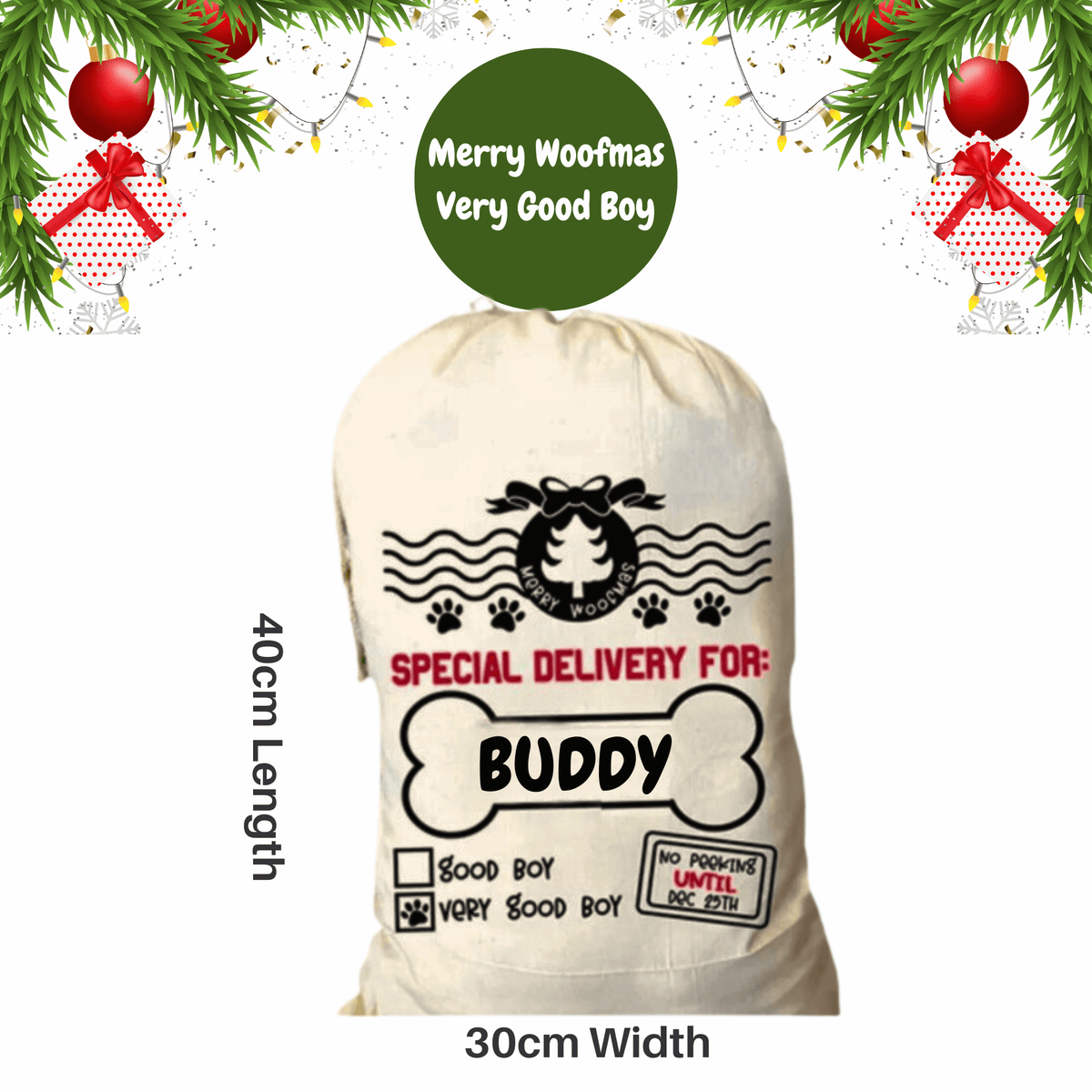 Personalised santa sack for your dog, let's pawty 