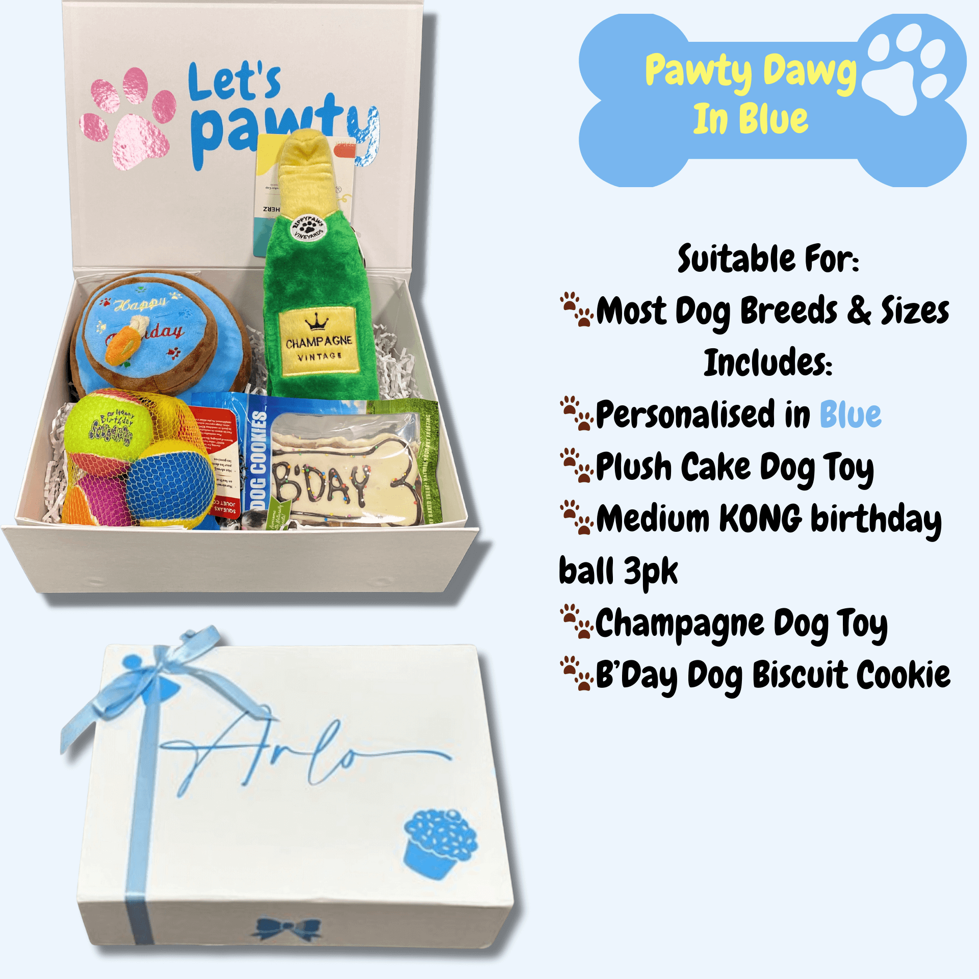 dog birthday gift box, dog toy, fetch ball, birthday cake dog toy, let's pawty