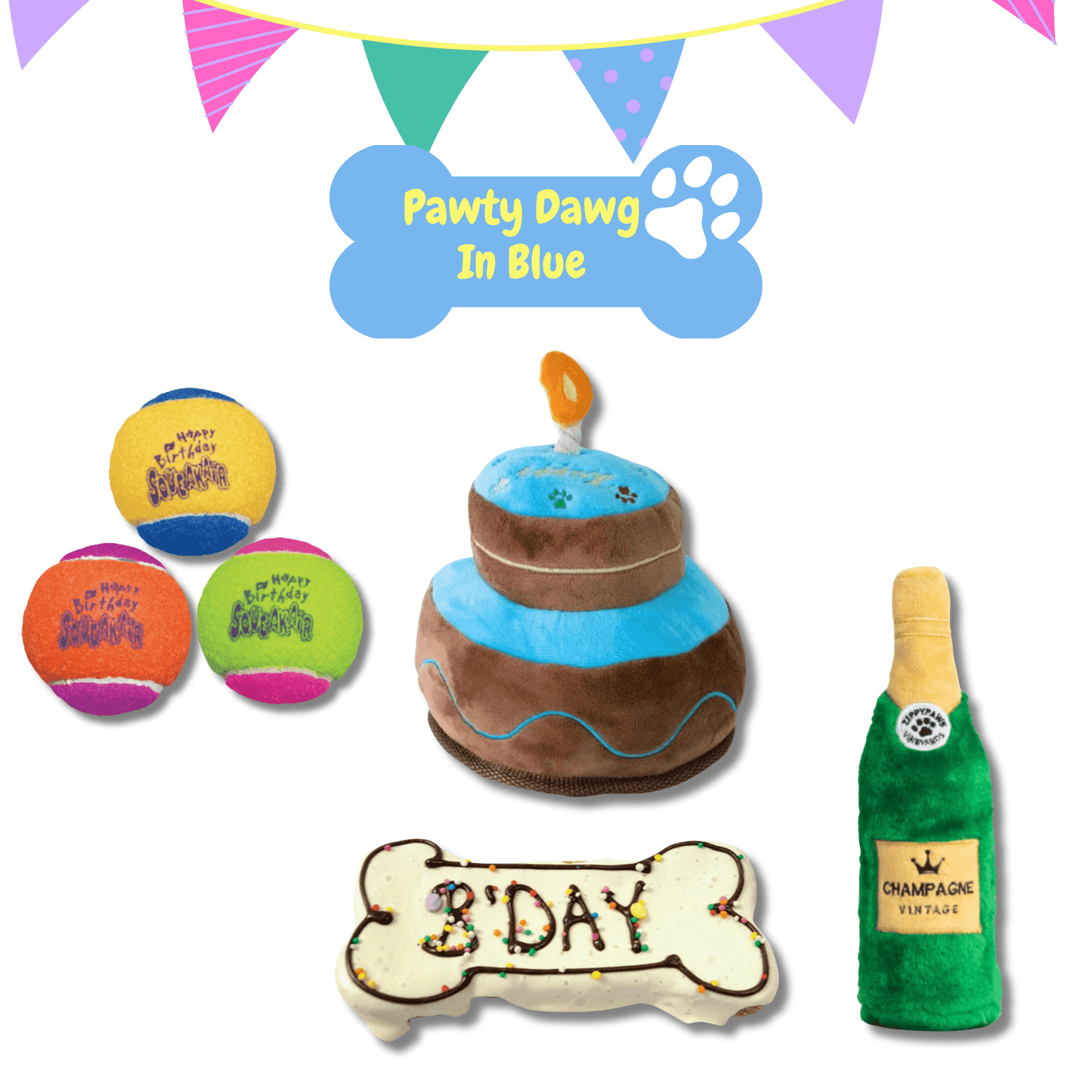 dog birthday gift box, dog toy, fetch ball, birthday cake dog toy, let's pawty