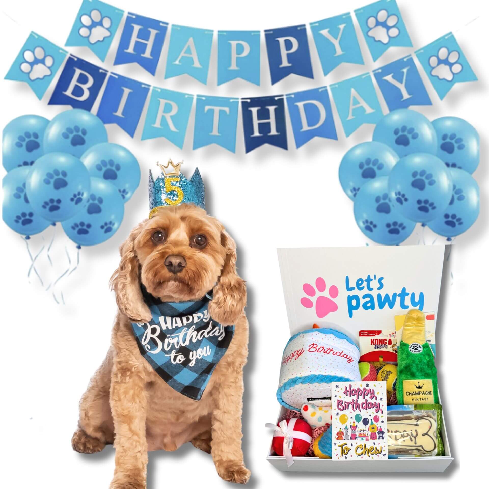 Happy birthday personalised dog gift box, let's pawty