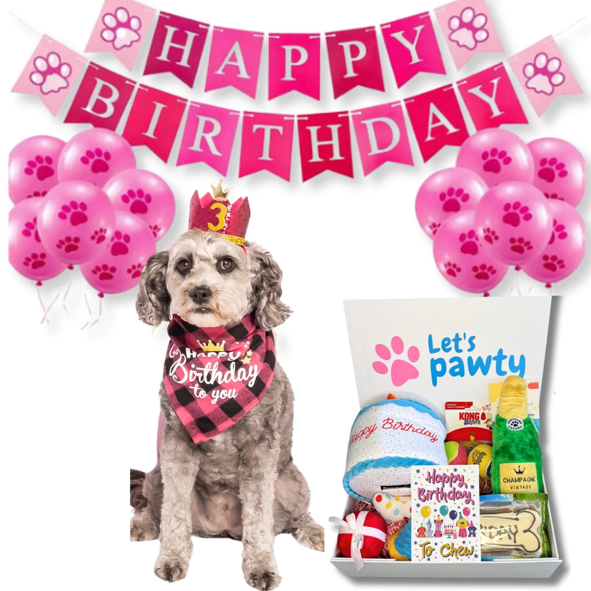 Happy birthday personalised dog gift box, let's pawty