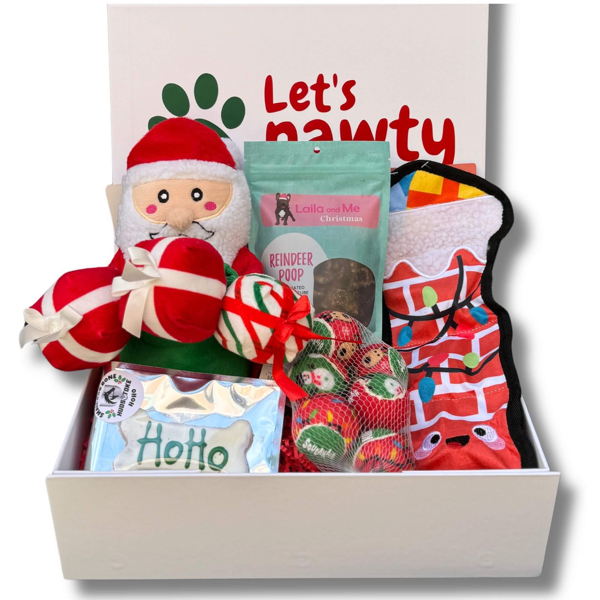 Sant burrow christmas gift box, personalised with dog's name, let's pawty 