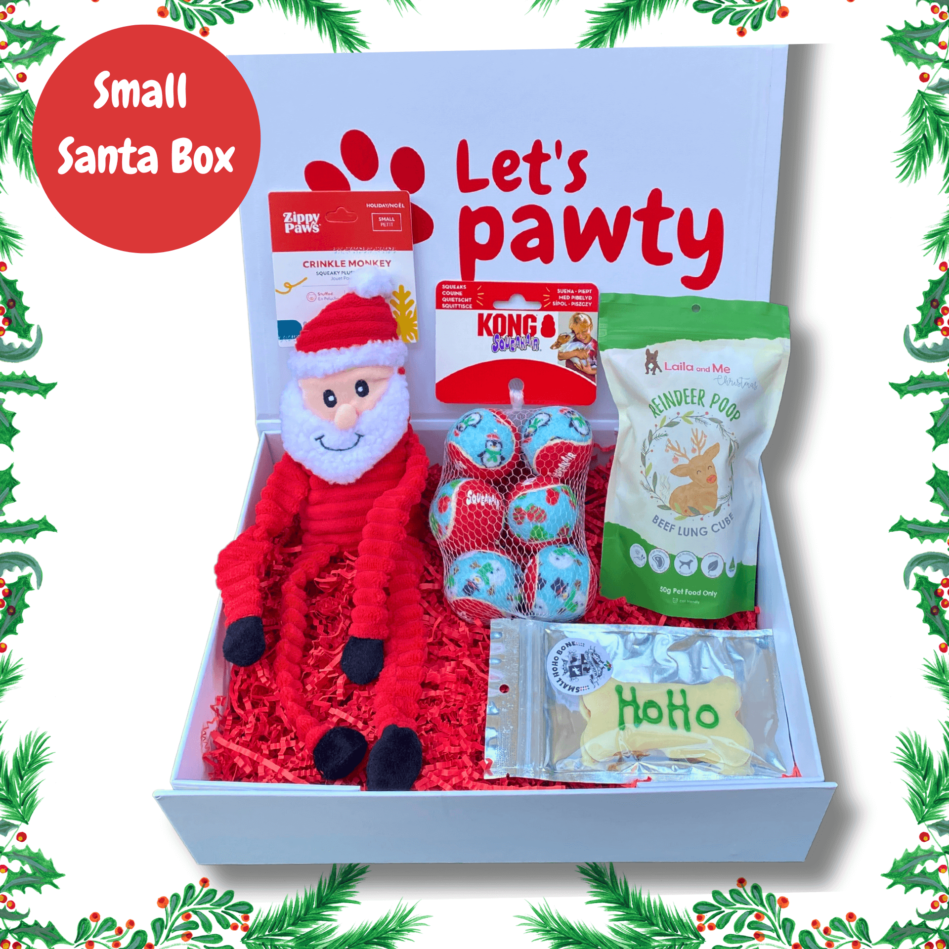 small Santa personalised dog gift box let's pawty
