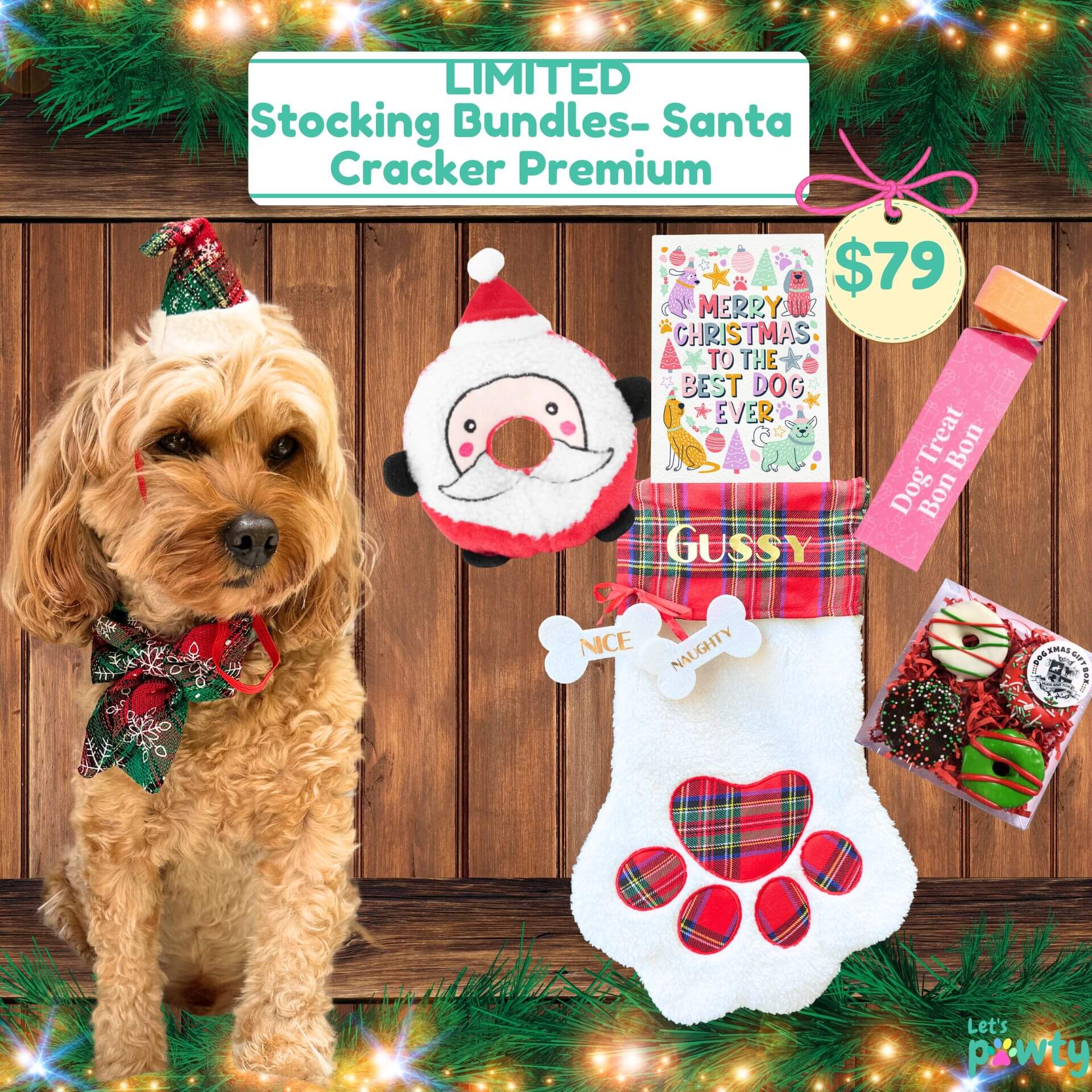 Santa dog toy, bon bon dog treat, donut dog cookies and edible dog card plus personalised stocking