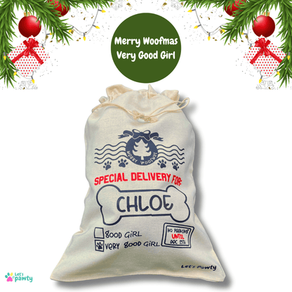 Personalised santa sack for your dog, let's pawty