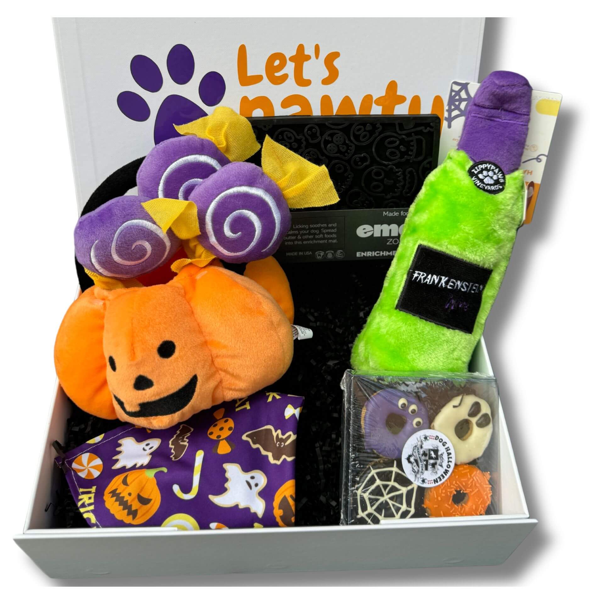 Halloween themed dog gift box, let's pawty 
