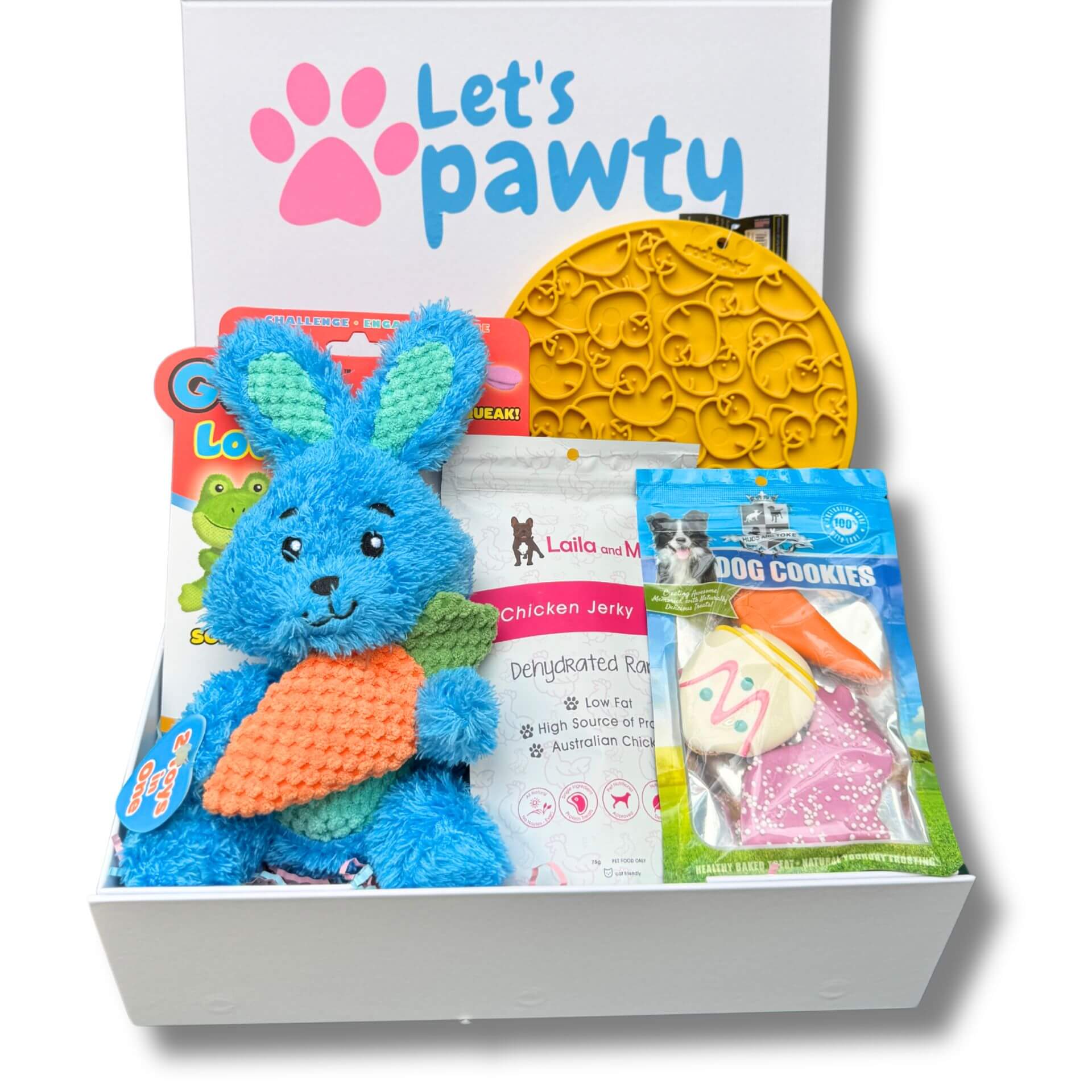 Bunny personalised dog gift box, let's pawty 