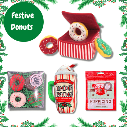 personalised festive donut gift box, let's pawty