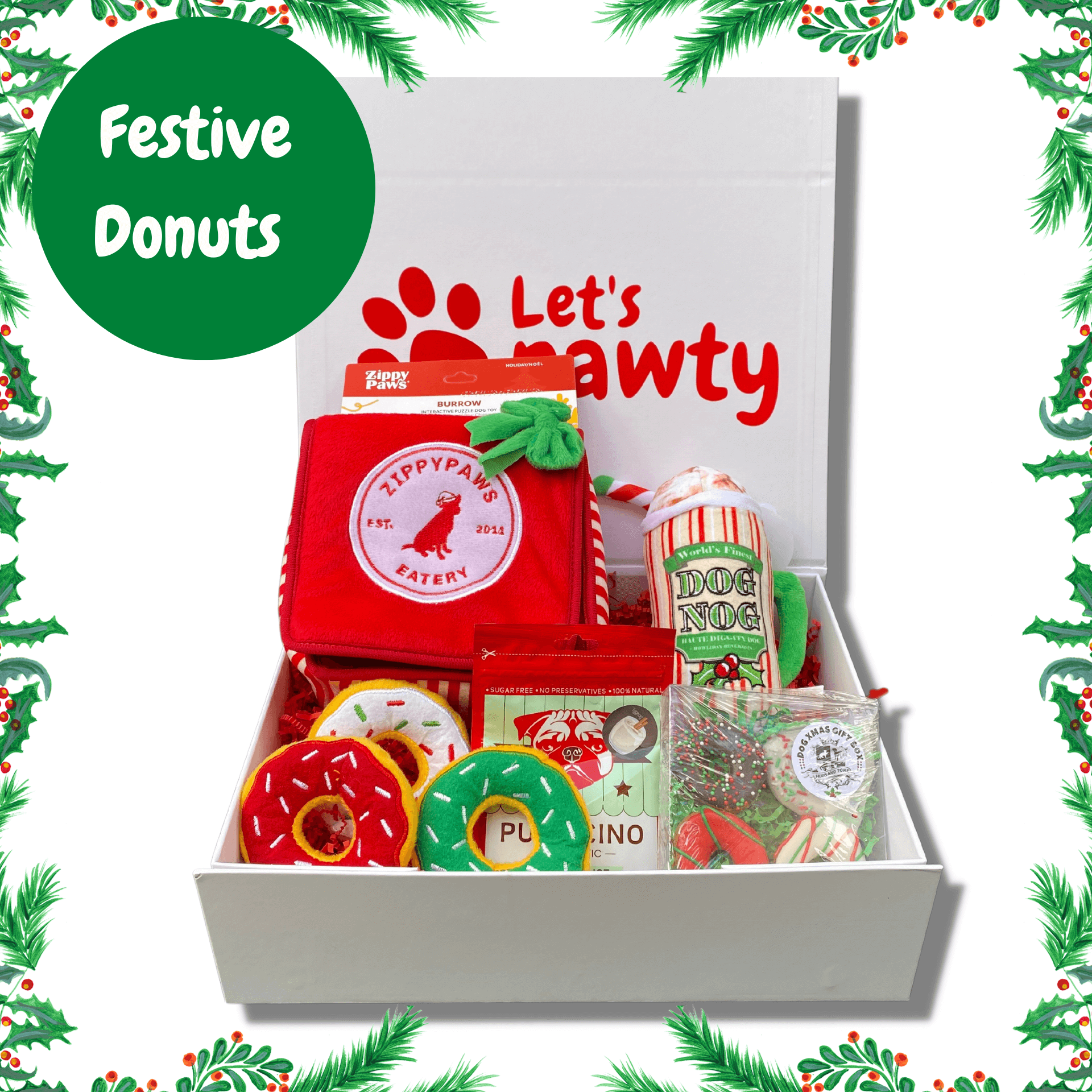 personalised festive donut gift box, let's pawty 