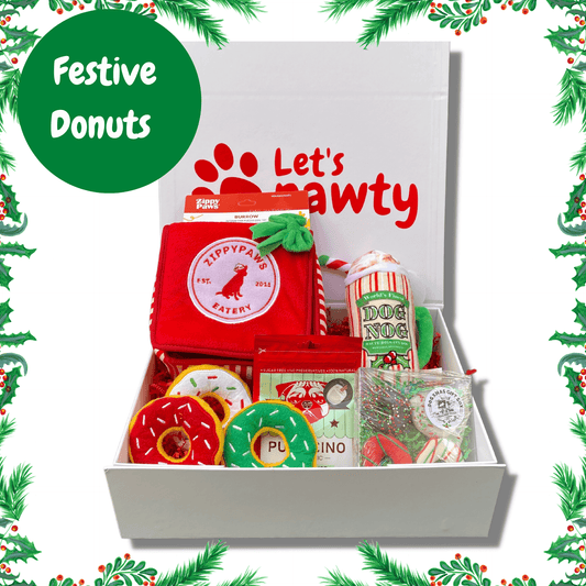 personalised festive donut gift box, let's pawty 