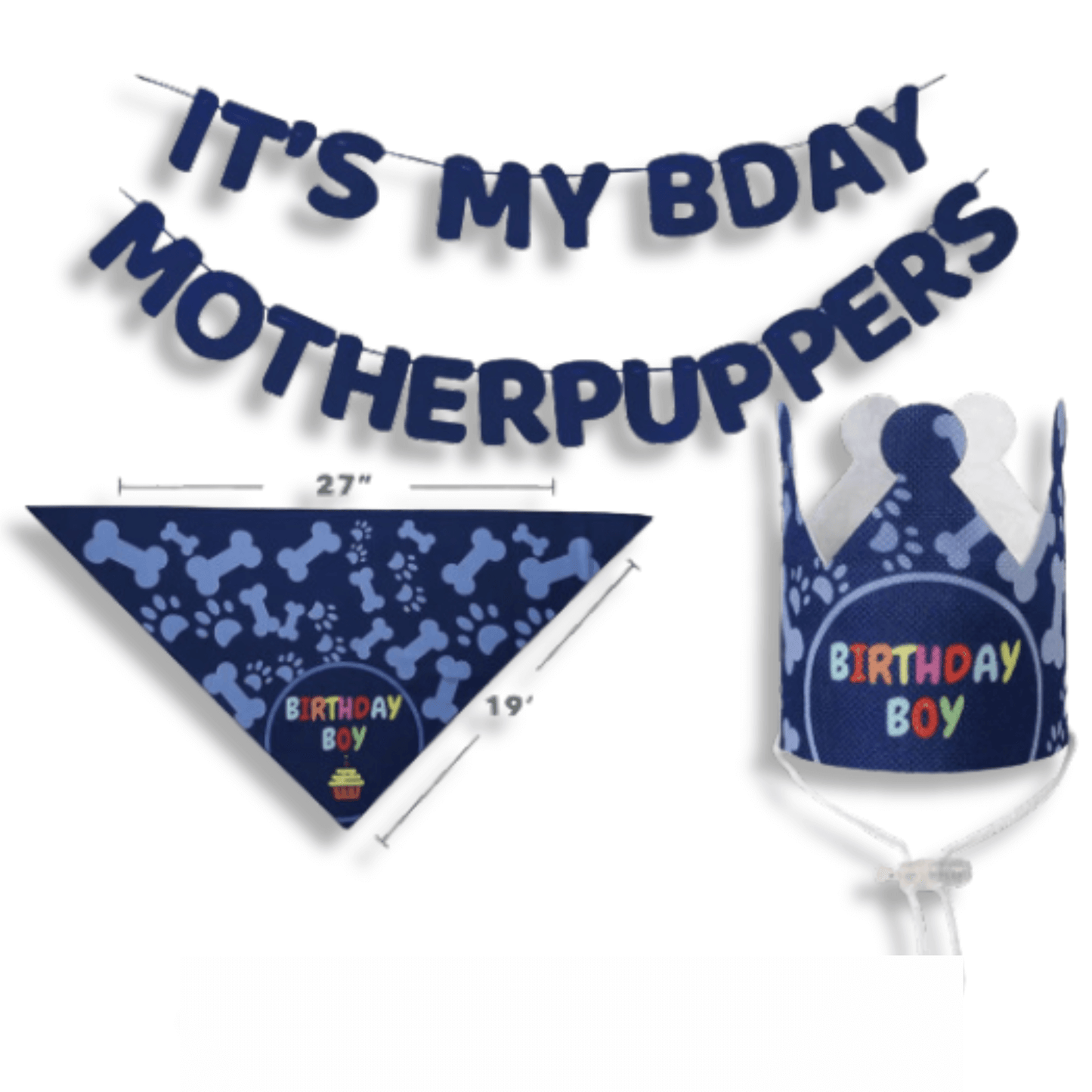 It's My Birthday Mother Puppers -Blue Crown, Bandana &  Banner Dog Party Decoration Set