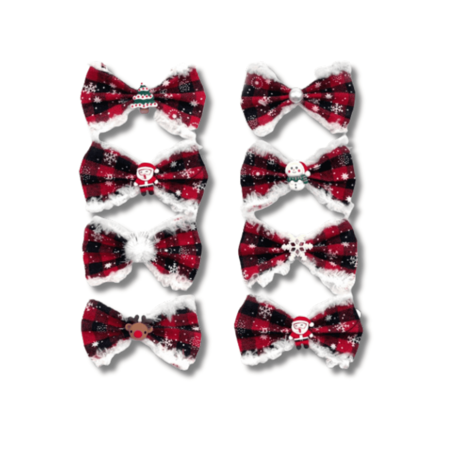 Red plaid buffalo check with snowflakes dog bow accessory let's pawty