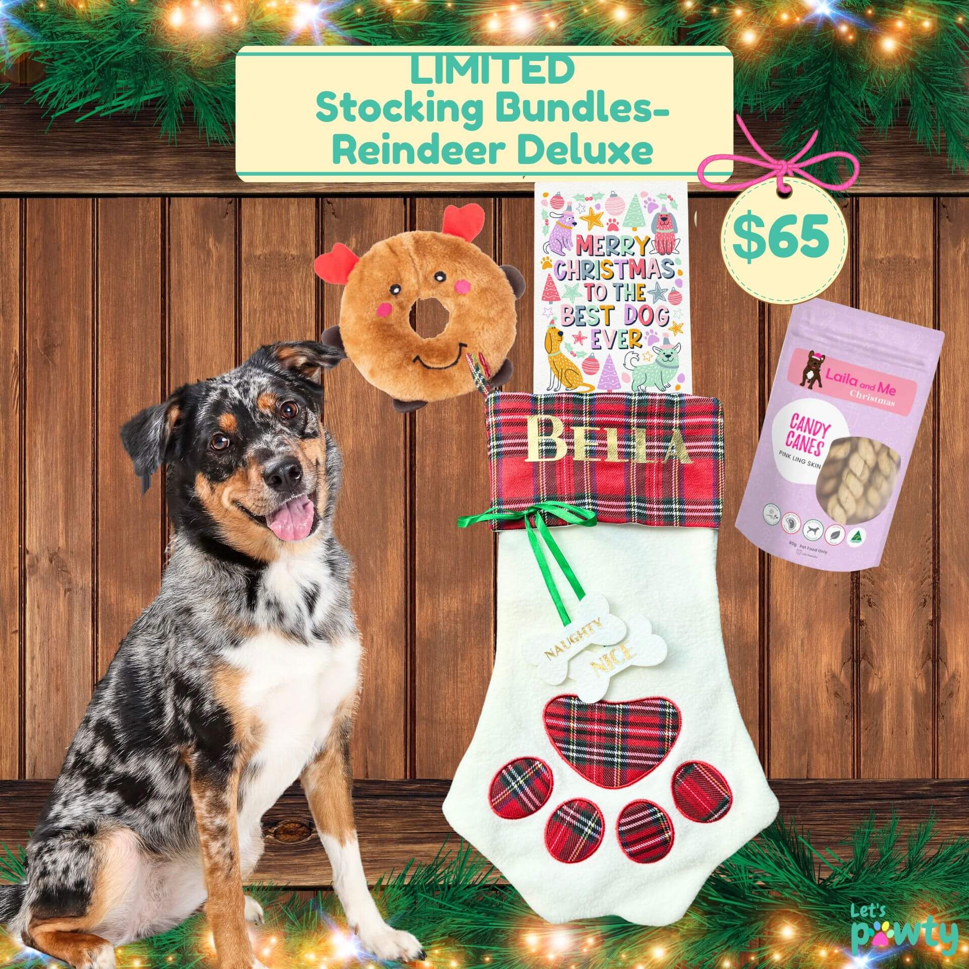 Reindeer deluxe stocking bundle christmas stocking, dog toys, dog treats