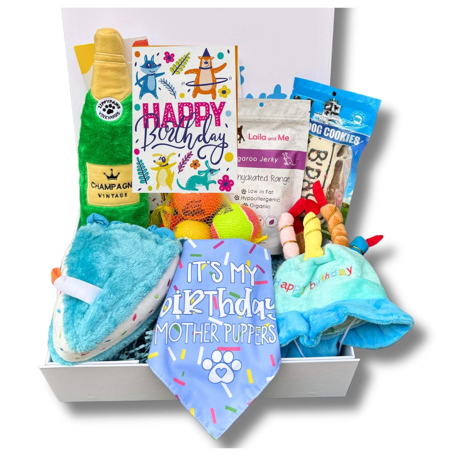 personalised ultimate dog gift box, let's pawty 