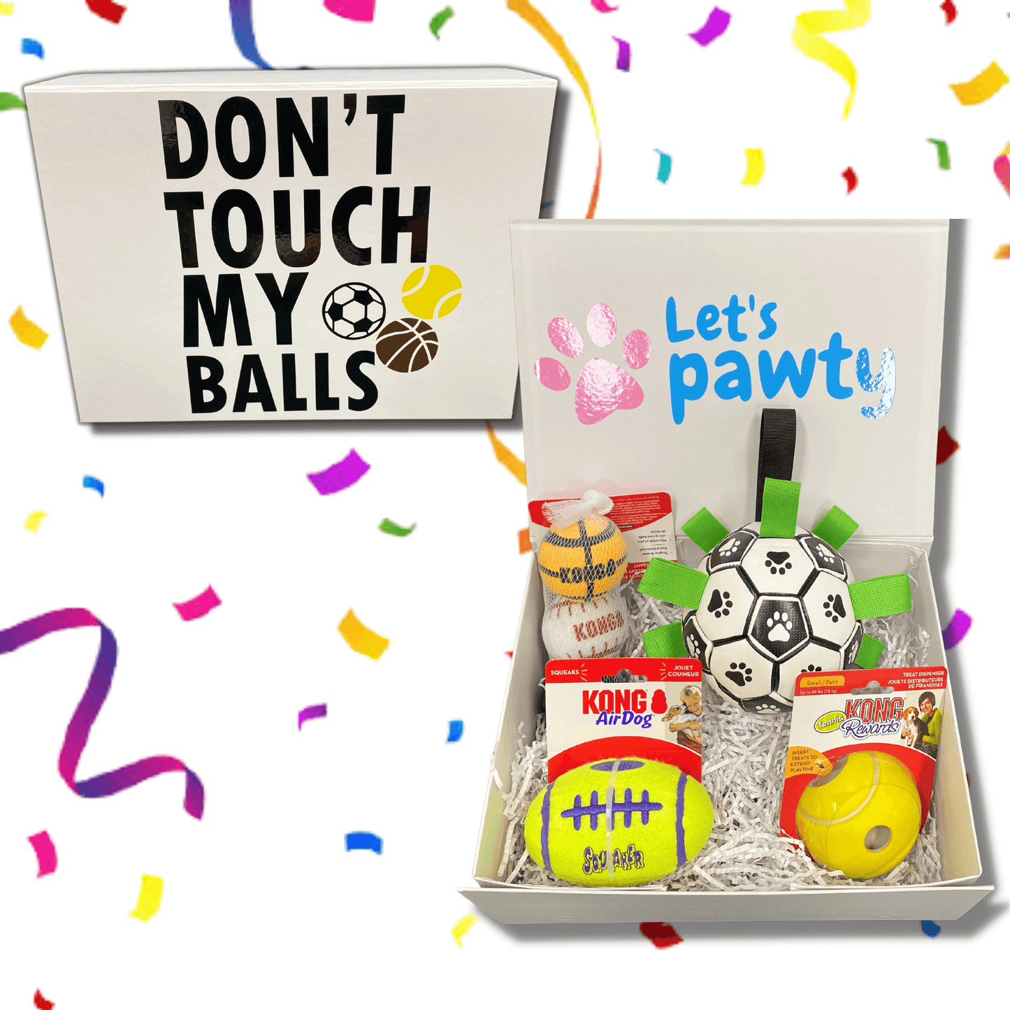 Dog lovers ball, interactive dog toy, fetch ball, sport ball, dog gift box, let's pawty