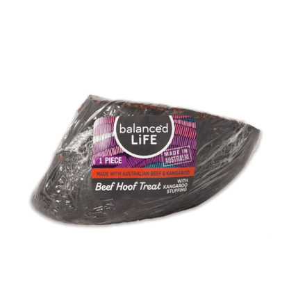 Balanced Life beef hoof filled with roo, healthy dog treat, Let's Pawty, long lasting chew