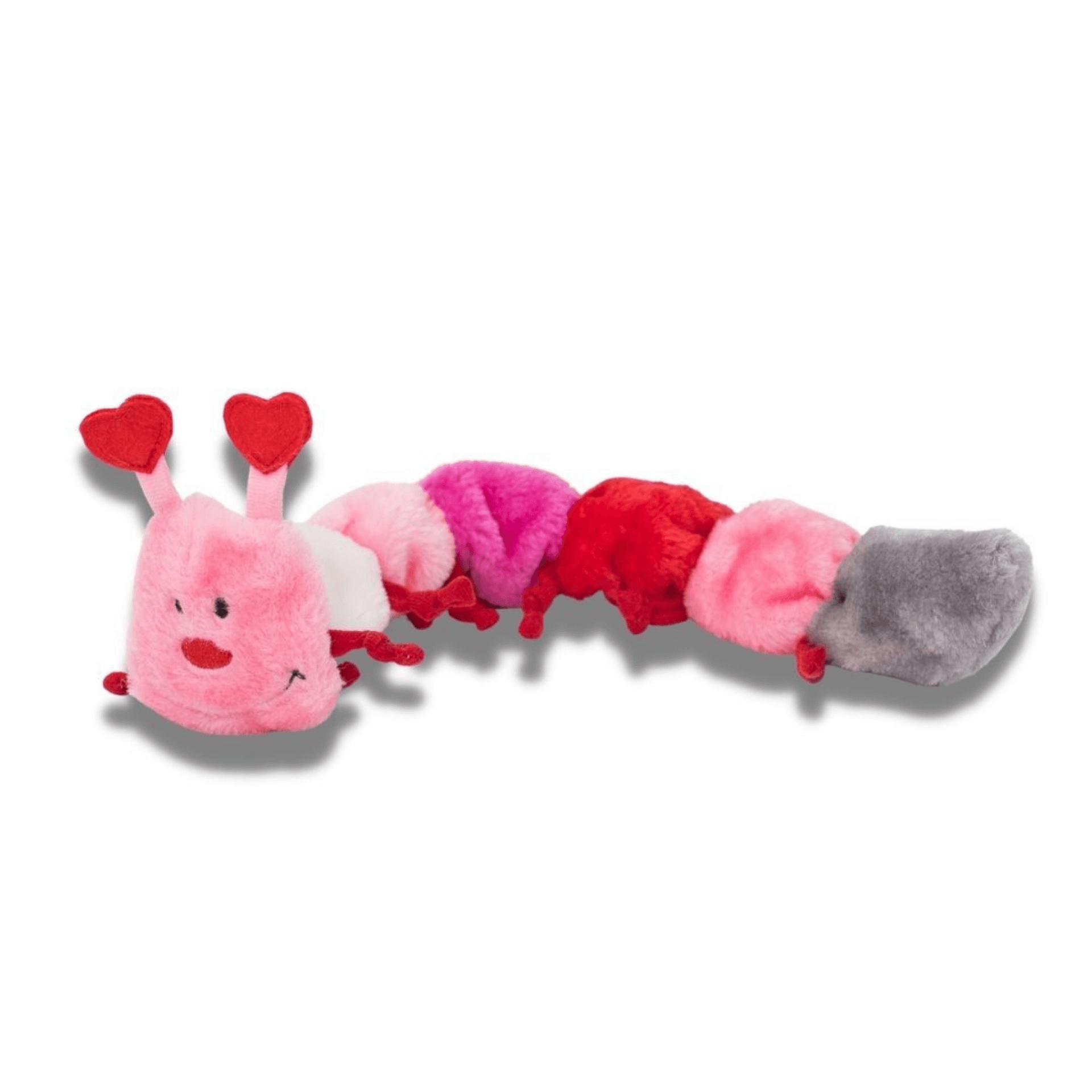 Valentine caterpillar dog toy with squeakers and low stuffing.