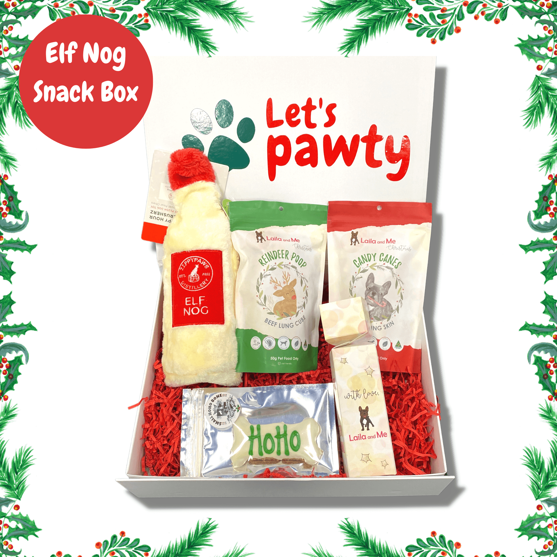 Personalised Dog Gift Box, let's pawty snacks, dog toys.