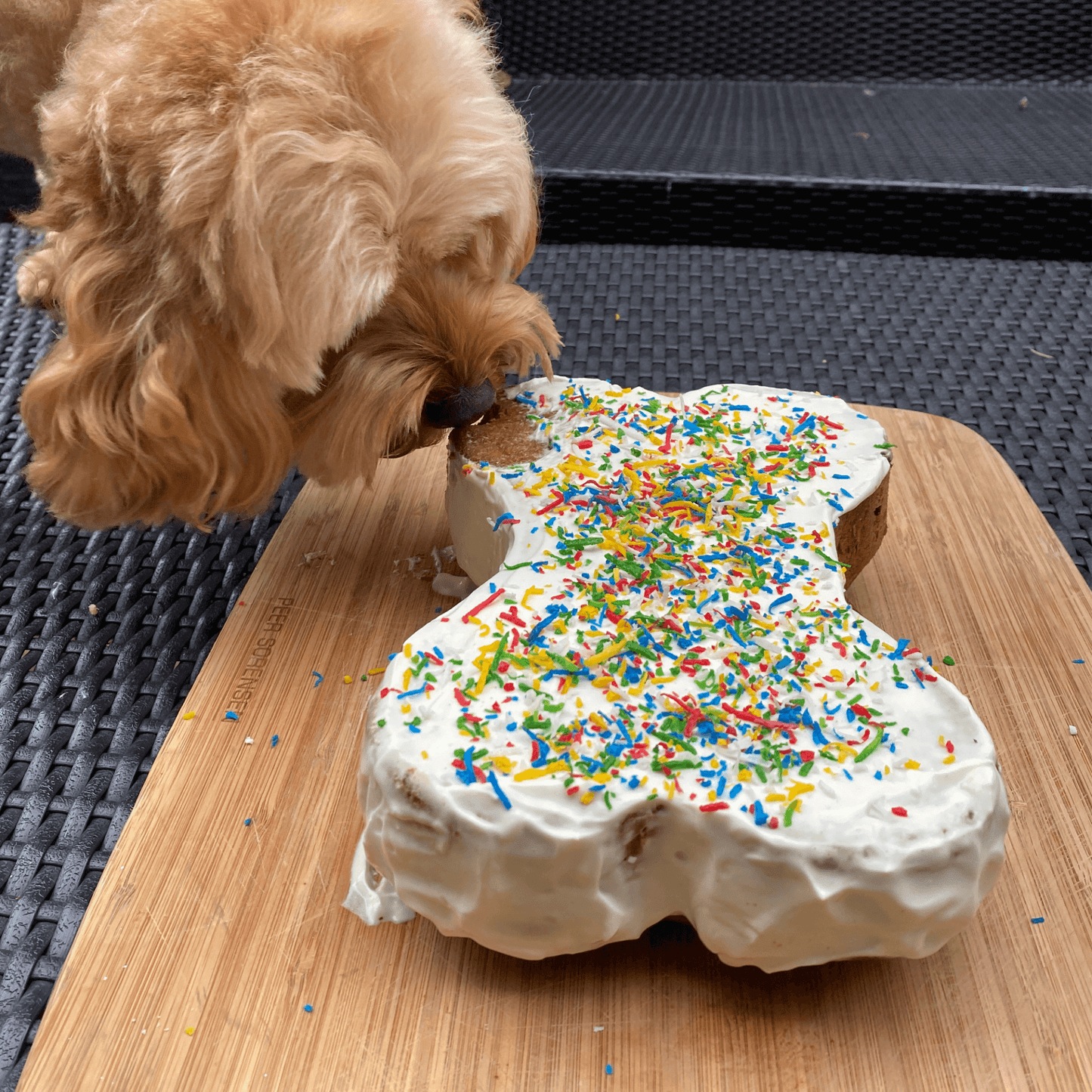 Dog birthday cake mix, bone cake tin, rainbow coconut sprinkles, let's pawty