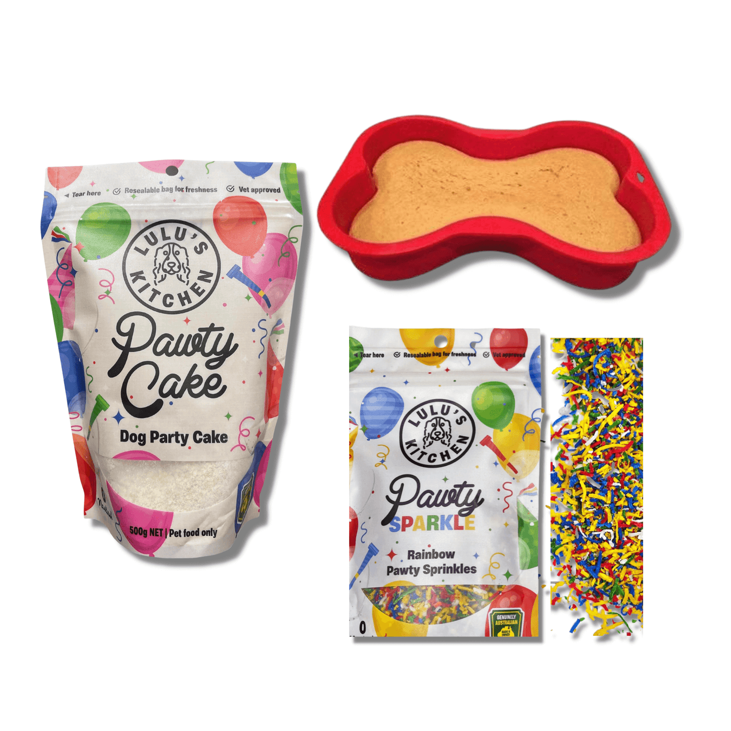 Dog birthday cake mix, bone cake tin, rainbow coconut sprinkles, let's pawty