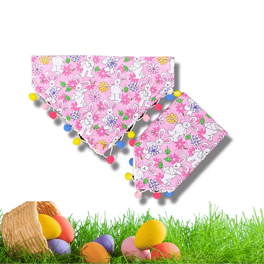 Reversible easter themed dog bandana, pink with bunnies and pom pom