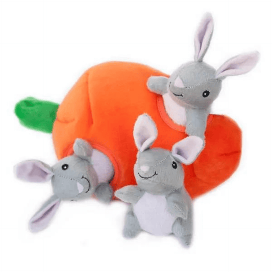 Easter burrow interactive dog toy, Carrot and squeaky bunnies, let's pawty