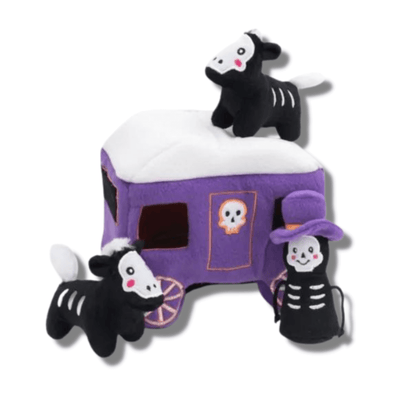 Interactive burrow dog toy, halloween haunted carriage with squeaky dog toys, let's pawty