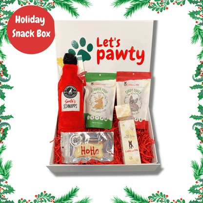 Christmas themed dog gift box, personalised, dog treats, dog toys, let's pawty