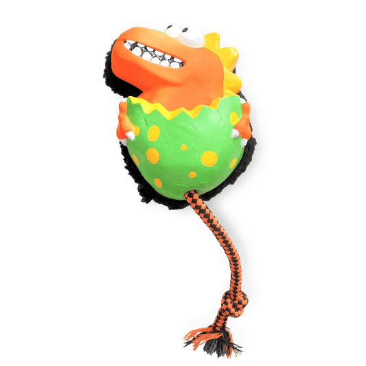 Otto the Dino dog toy, rope and squeaker, let's pawty