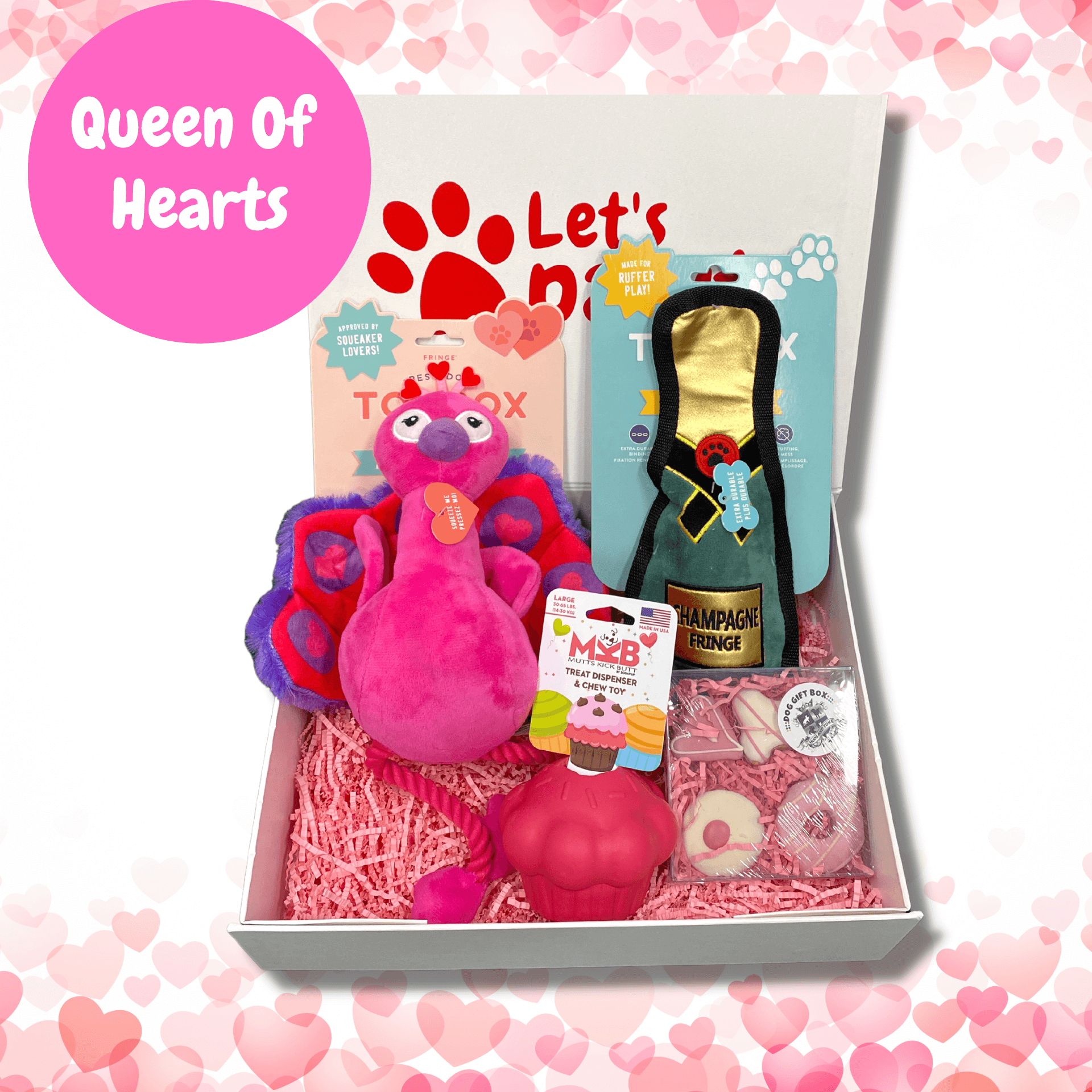 Valentine themed personalised dog gift box, let's pawty 
