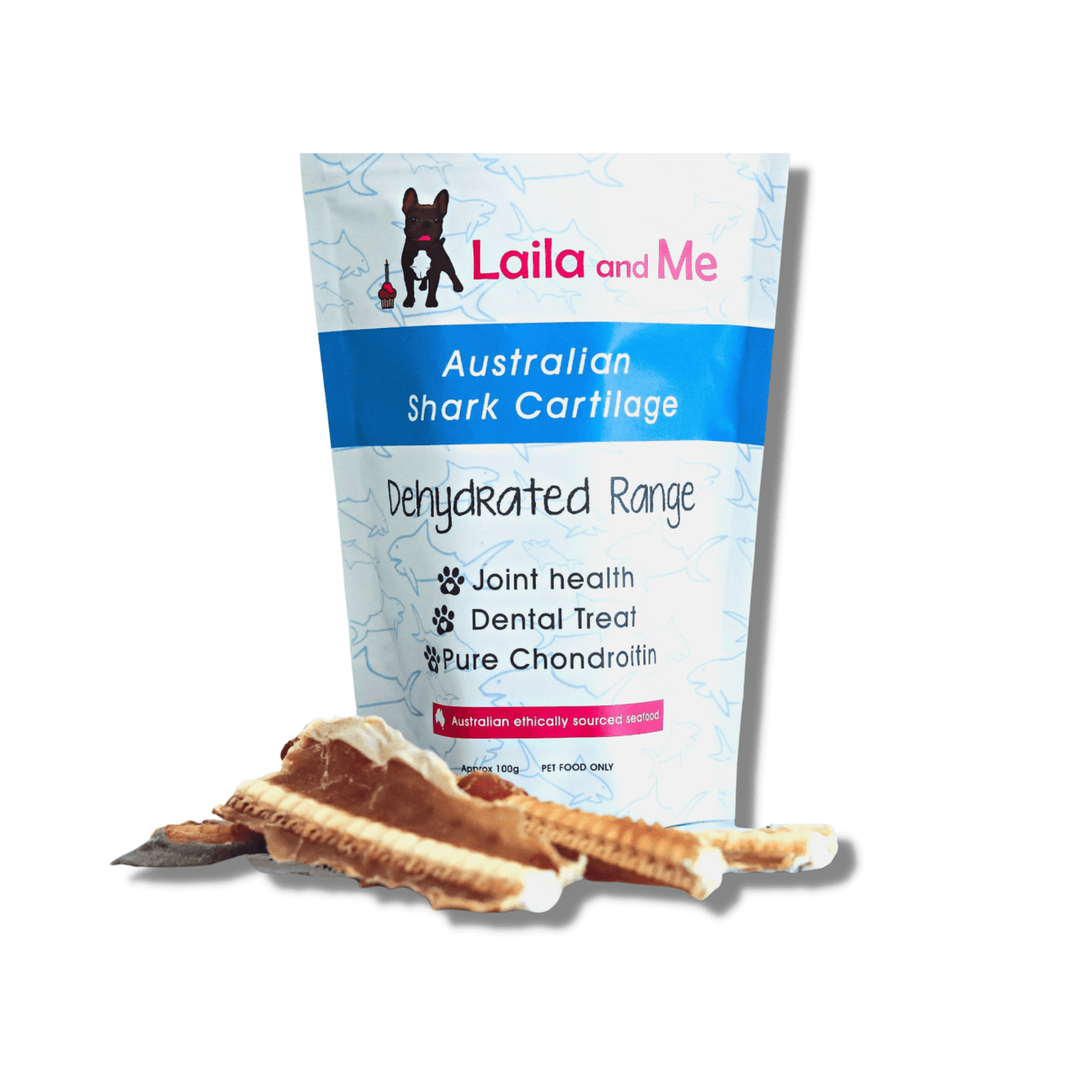 Single protein healthy dog treat, shark cartilage, let's pawty