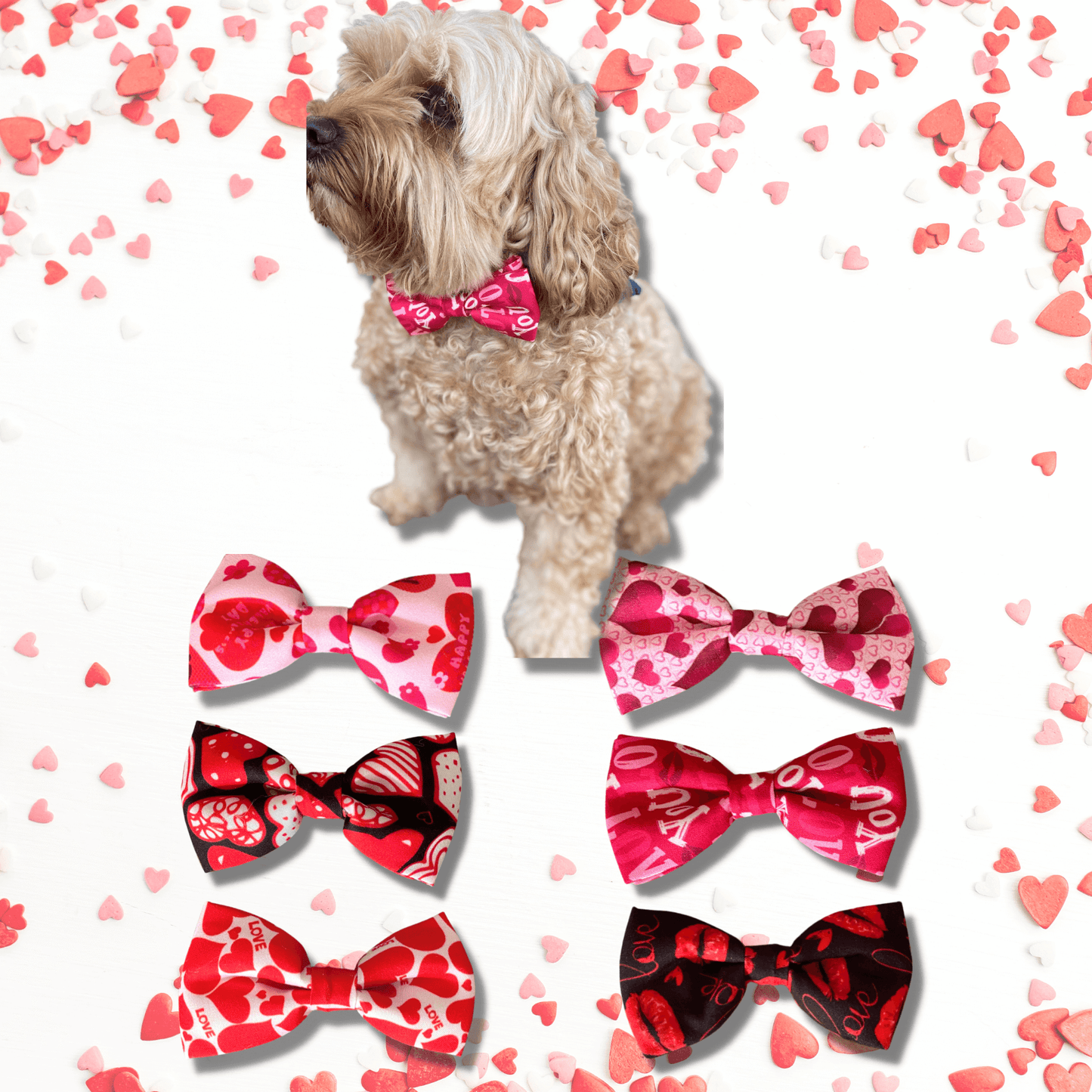 Valentine themed dog bow fashion accessory, black with red hearts 