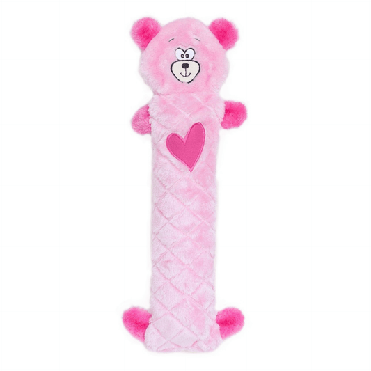 Pink bear jigglerz dog toy, Valentine's Day, let's pawty