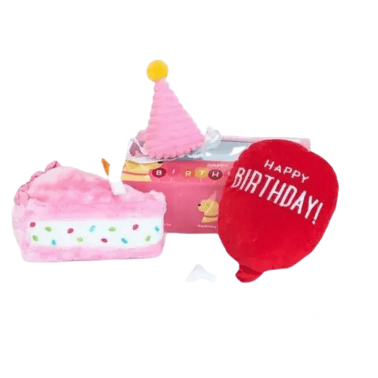 Pink Dog gift box with Balloon. cake and hat 