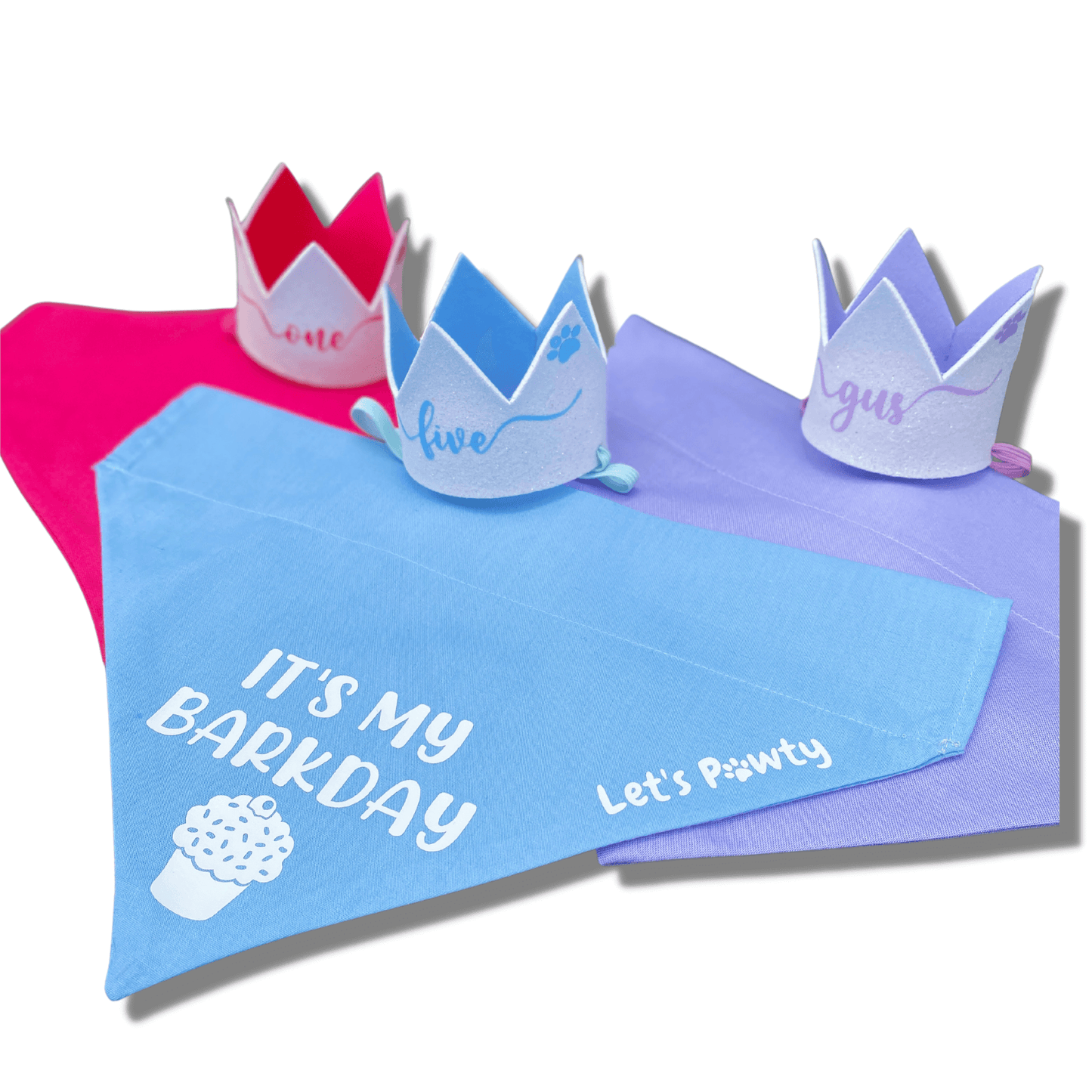 It's My barkday reversible dog bandana, glitter hat dog crown, handmade let's pawty