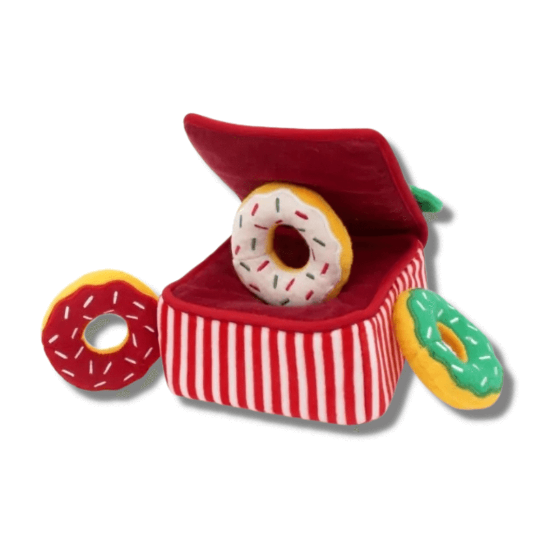 Christmas themed holiday donutz gift box, enrichment dog toy.