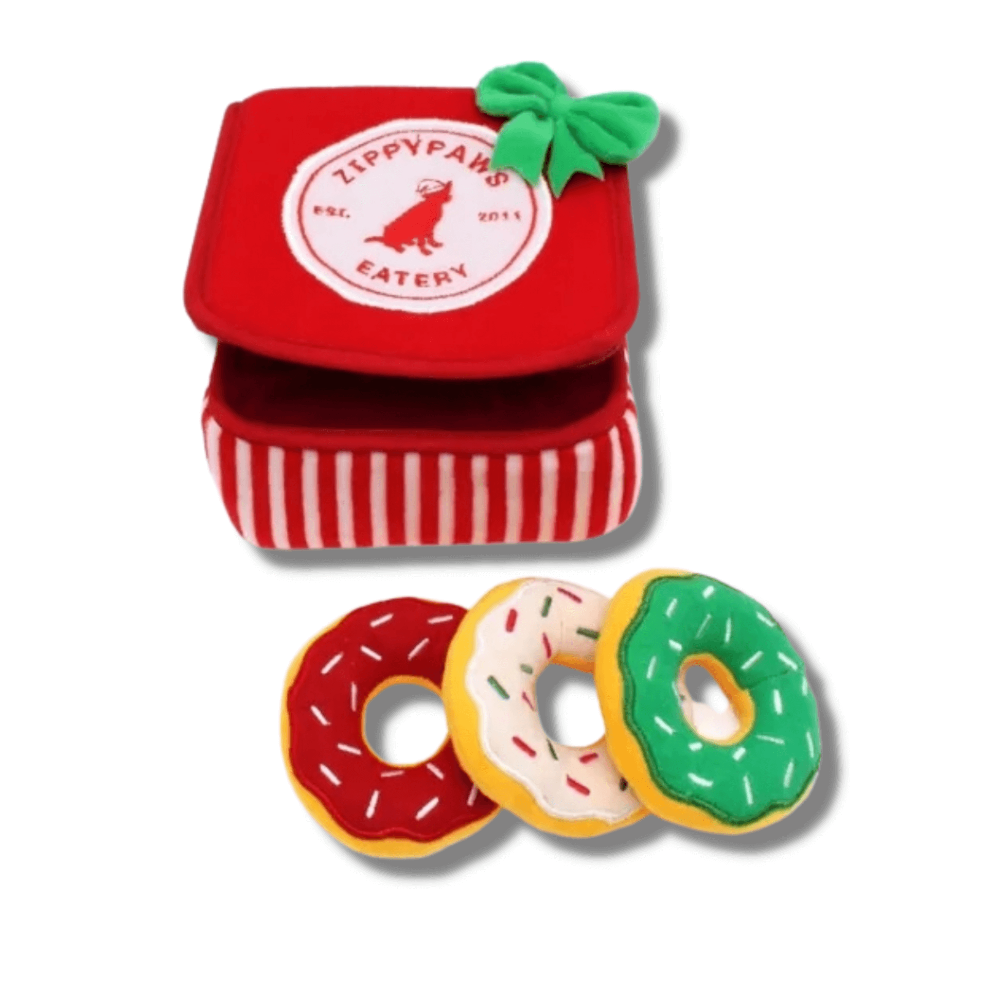 Christmas themed holiday donutz gift box, enrichment dog toy.