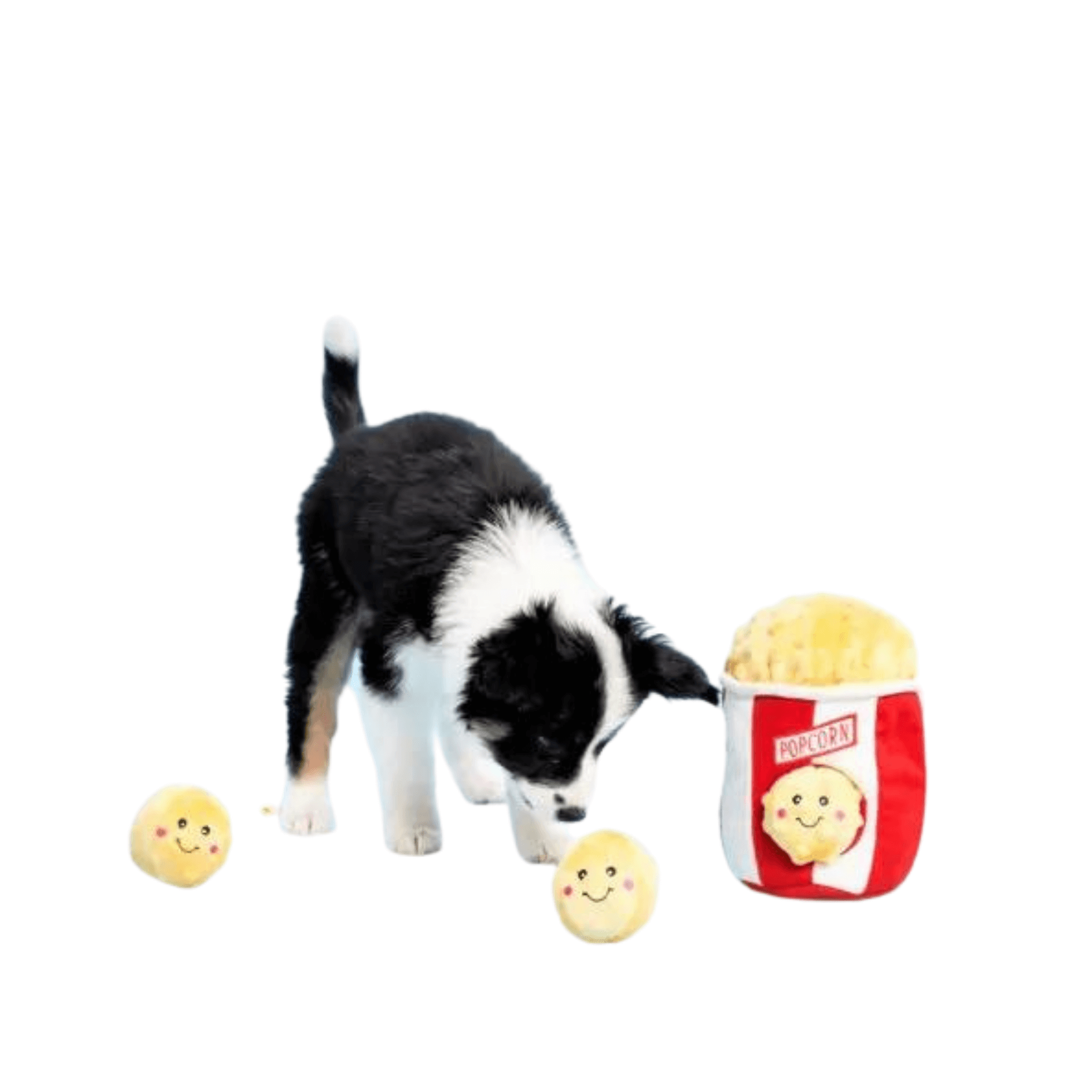 Interactive dog toy puzzle popcorn bucket with popcorn balls, let's pawty