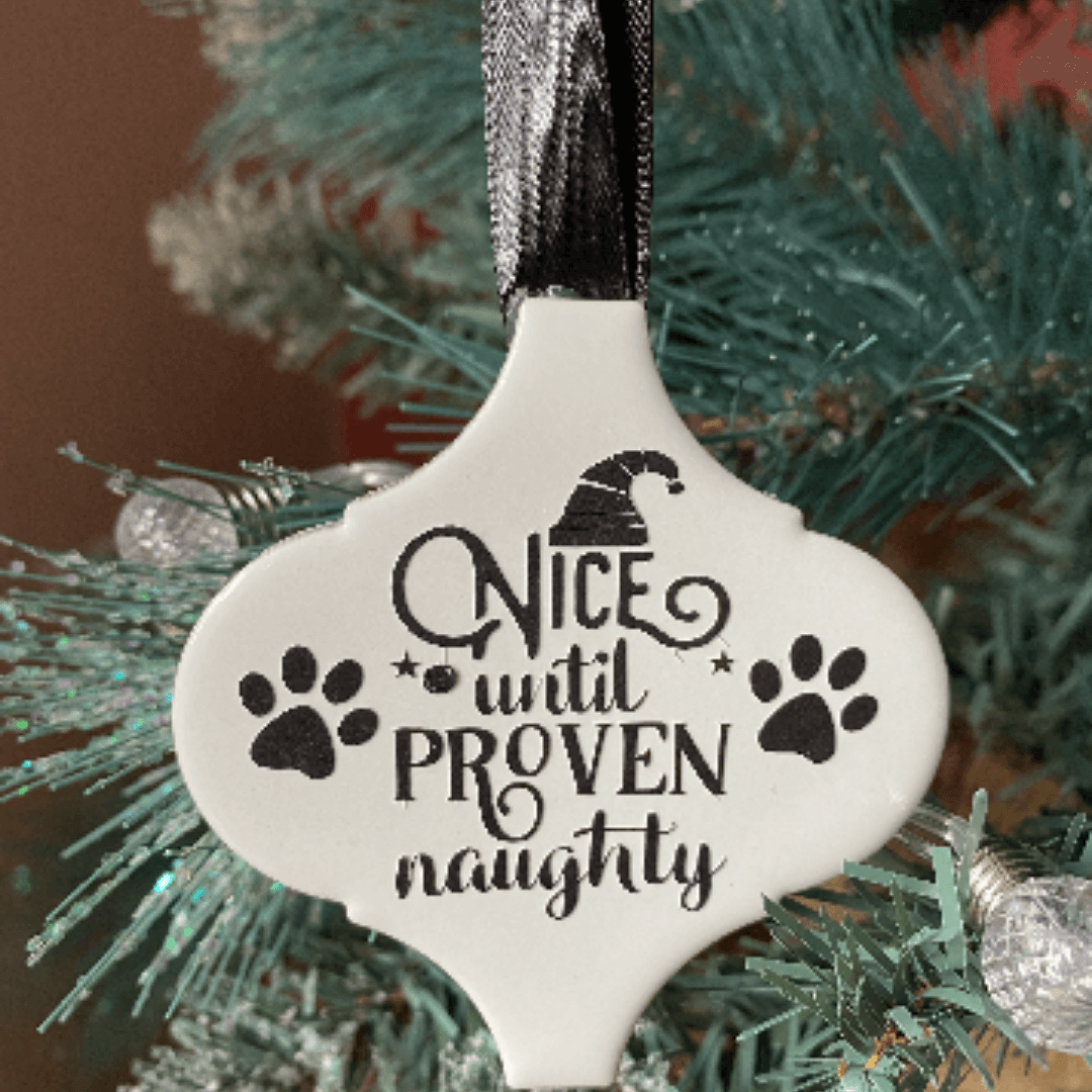nice until naughty arabesque christmas ornament Let's Pawty Sydney