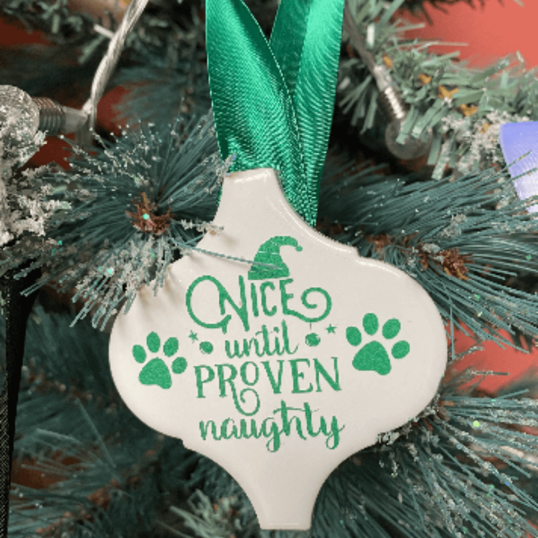 nice until naughty arabesque christmas ornament Let's Pawty Sydney