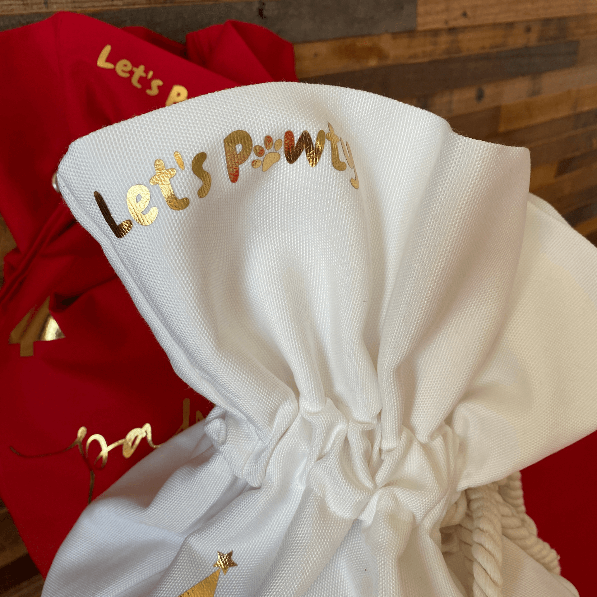 Let's Pawty personalised Santa sack for your furbaby to fill with dog toys, dog treat and accessories