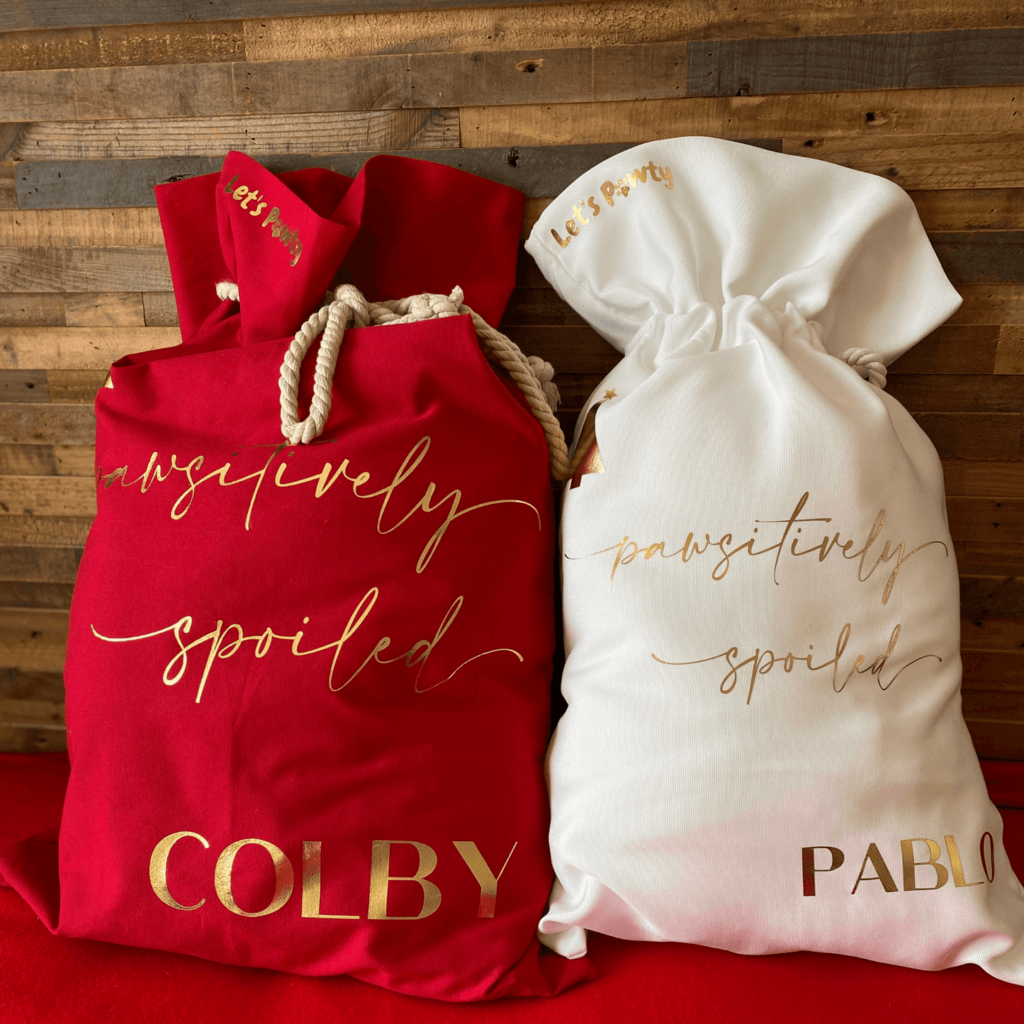 Let's Pawty personalised Santa sack for your furbaby to fill with dog toys, dog treat and accessories